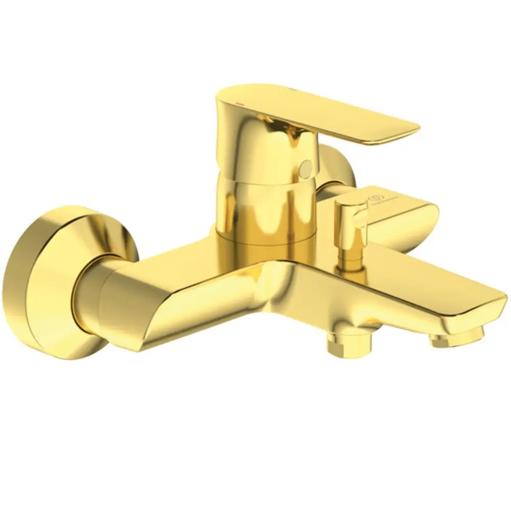 Goldene Badearmatur von Ideal Standard mit einem schlanken Design und einer zentralen Steuerung für Wasser und Temperatur.